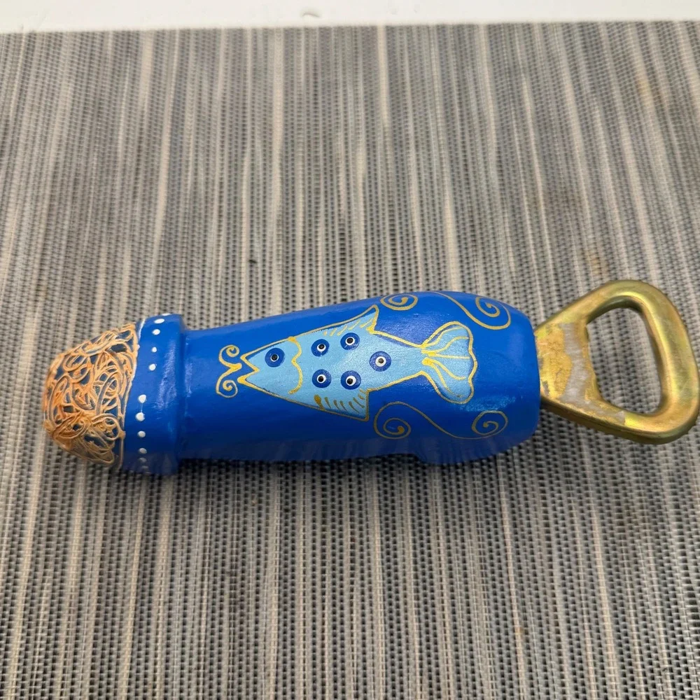 Hand Painted Signed Wood Phallic Bottle Opener Blue Fish Folk Art Novelty 7.5in